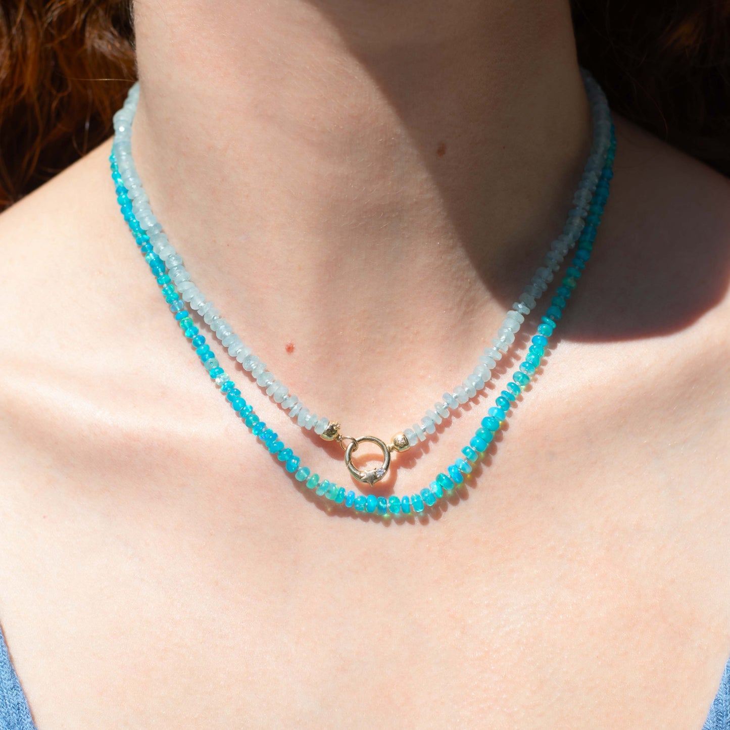 Blue Opal Beaded Necklace with Grey Silk Thread