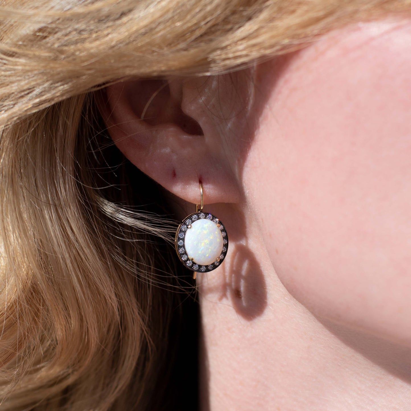 Oval Opal and White Diamond Black Rhodium Earrings