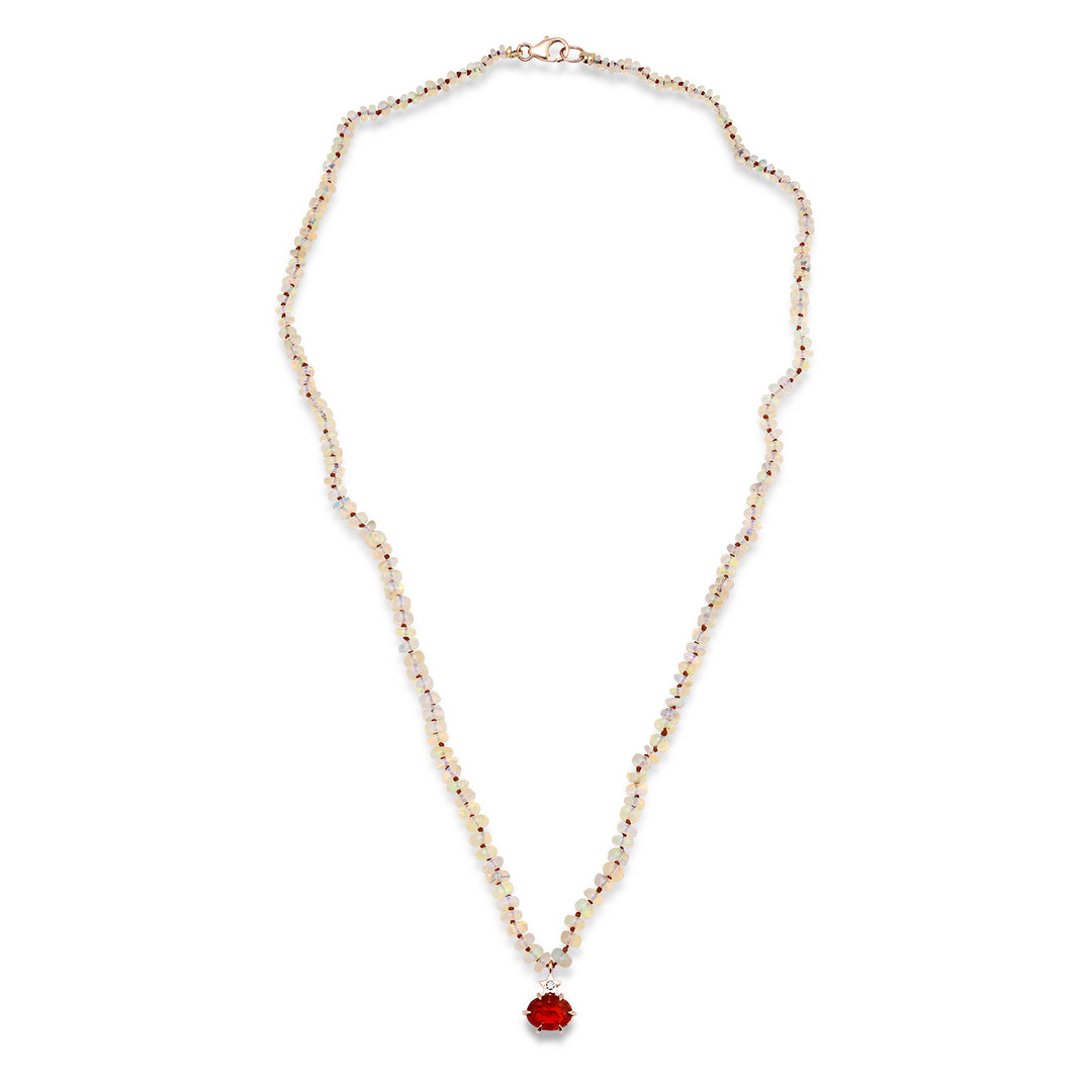 Ethiopian Opal Beaded Chocolate Silk Knotted Necklace with Fire Opal Charm
