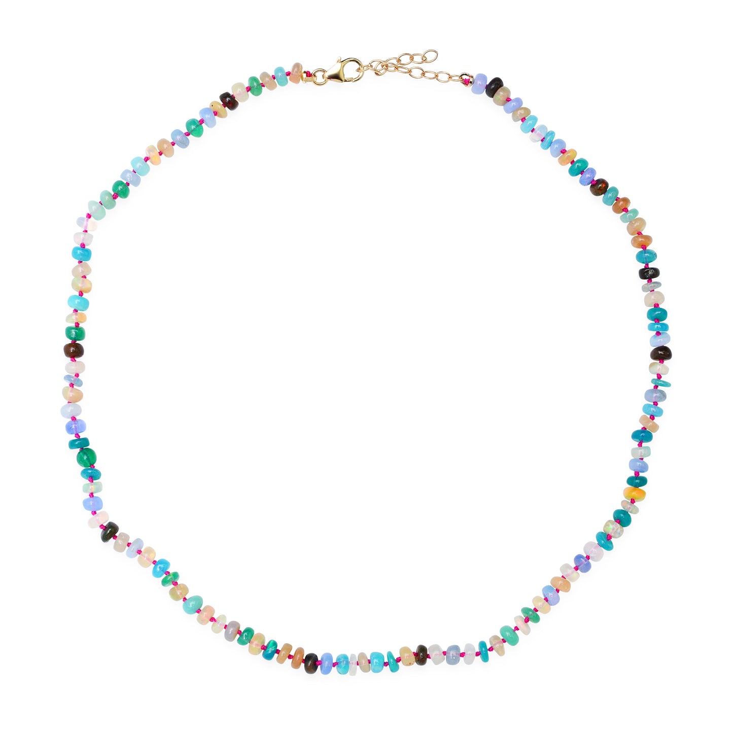 Blue Rainbow Opal Beaded Choker With Raspberry Silk Thread