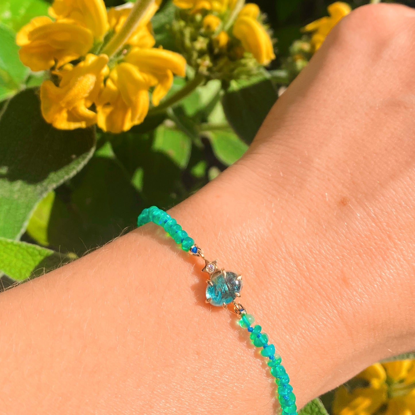 Green Ethiopian Opal Bracelet with London Blue Topaz/Rutilated Quartz Charm