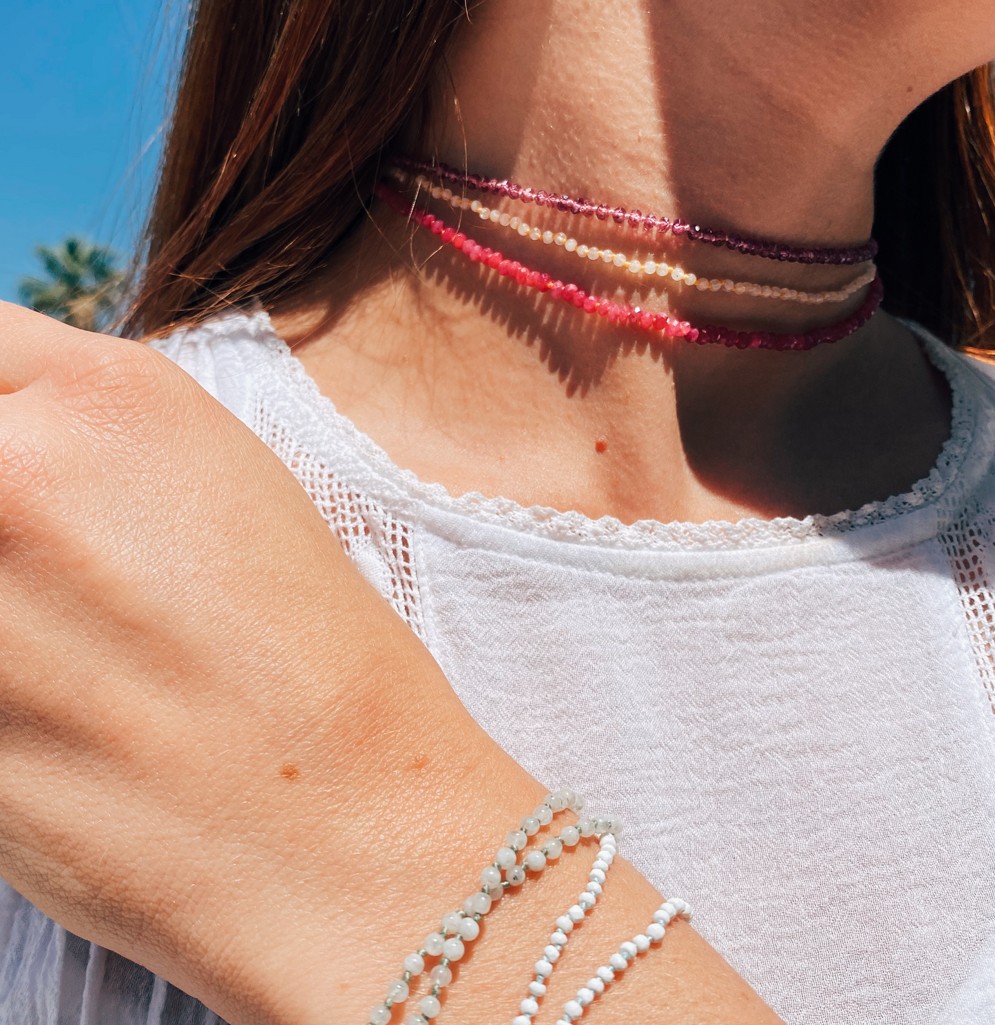Faceted Rondelle Rhodolite Garnet Beaded Choker with Rose Thread