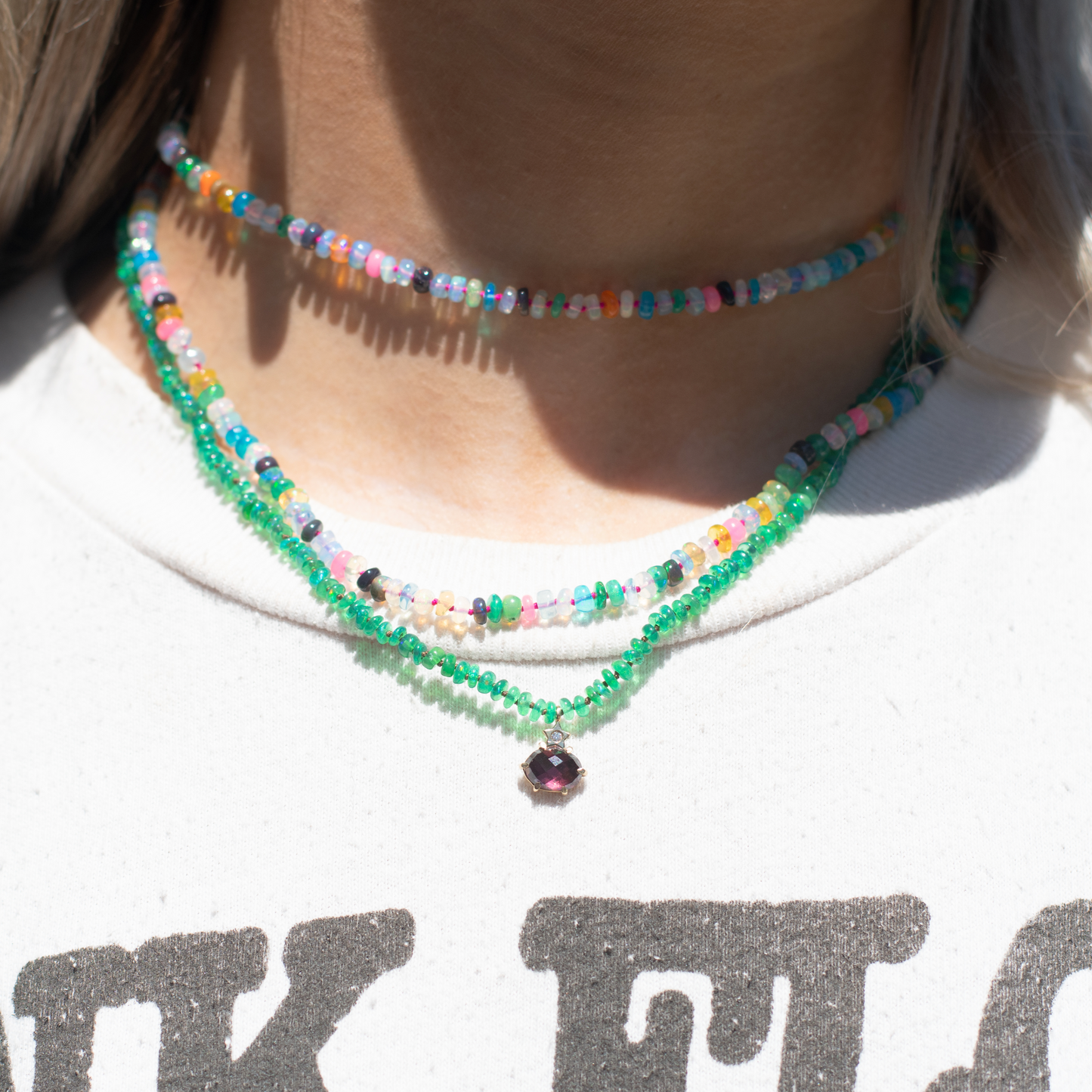 Ethiopian Green Opal Beaded Necklace with Garnet Rhodolite Charm