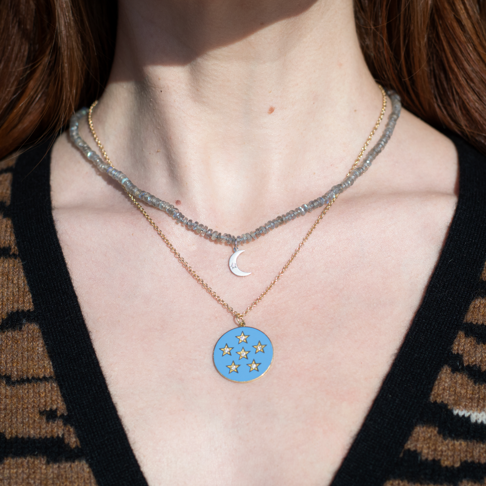 Labradorite Tire Beaded Necklace with Crescent Charm