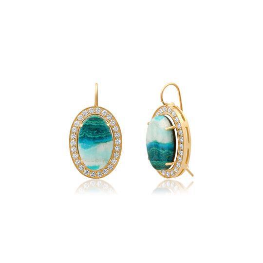 Oval Chrysocolla White Diamond Earrings