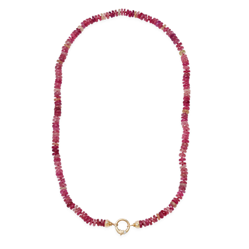 17" Knotted Pink Sapphire Beaded Necklace with 14k Yellow Gold & White Diamond Star Open Bead Caps