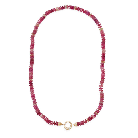 17" Knotted Pink Sapphire Beaded Necklace with 14k Yellow Gold & White Diamond Star Open Bead Caps