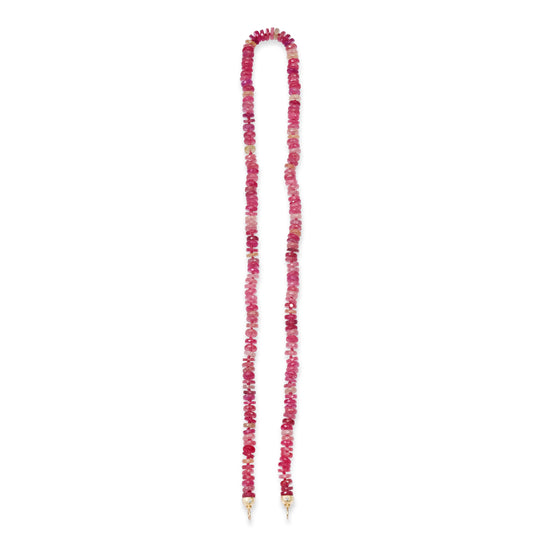 17" Knotted Pink Sapphire Beaded Necklace with 14k Yellow Gold & White Diamond Star Open Bead Caps