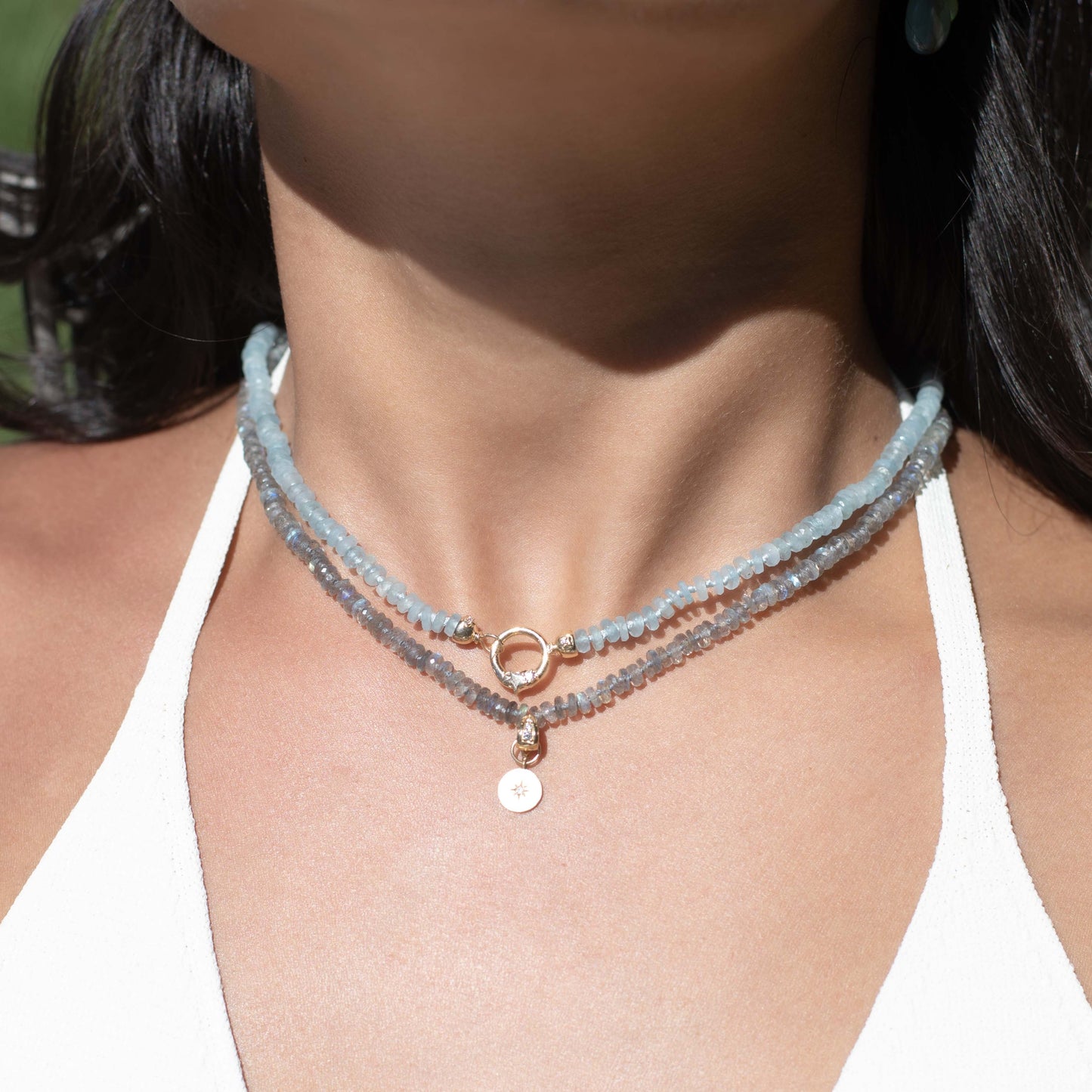 Labradorite Tire Beaded Necklace with Mini Diamond Moon Phase Charm