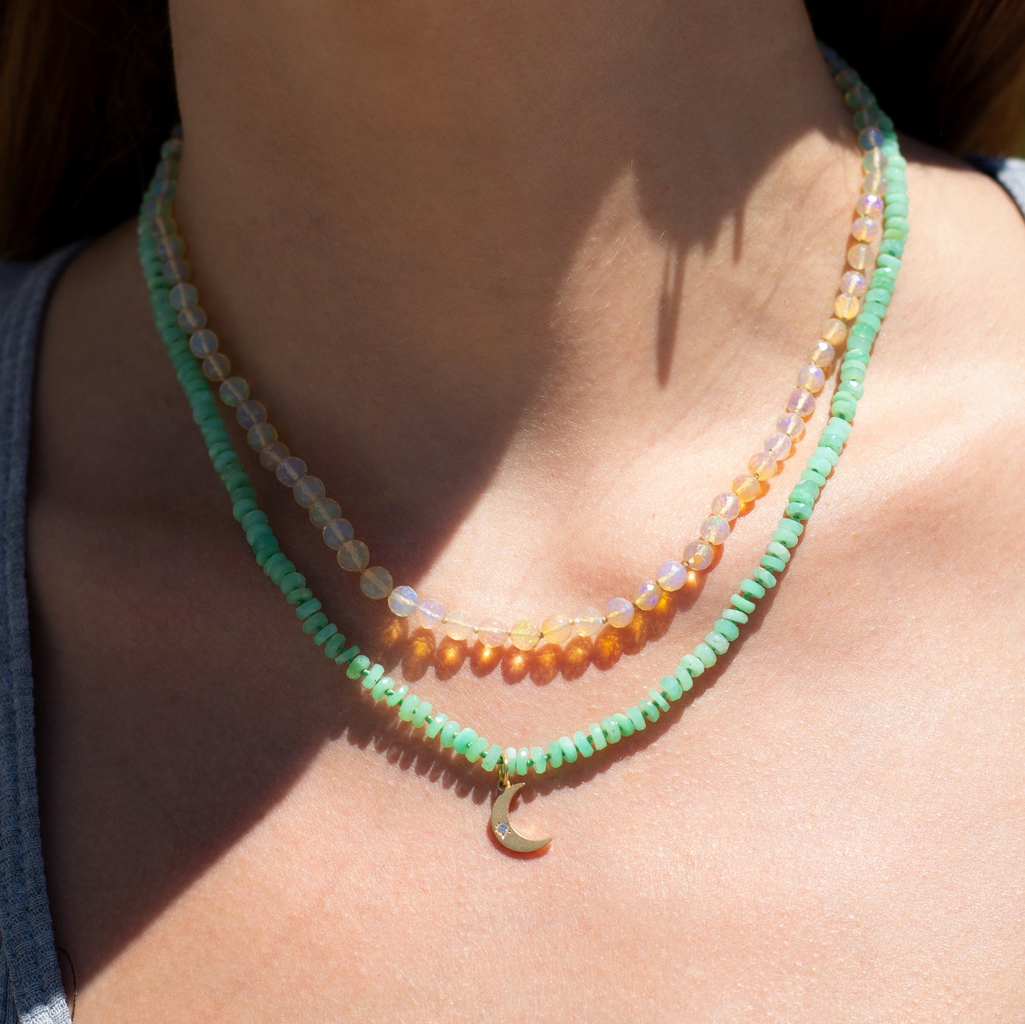 Chrysoprase Tire Beaded Necklace With Crescent Charm