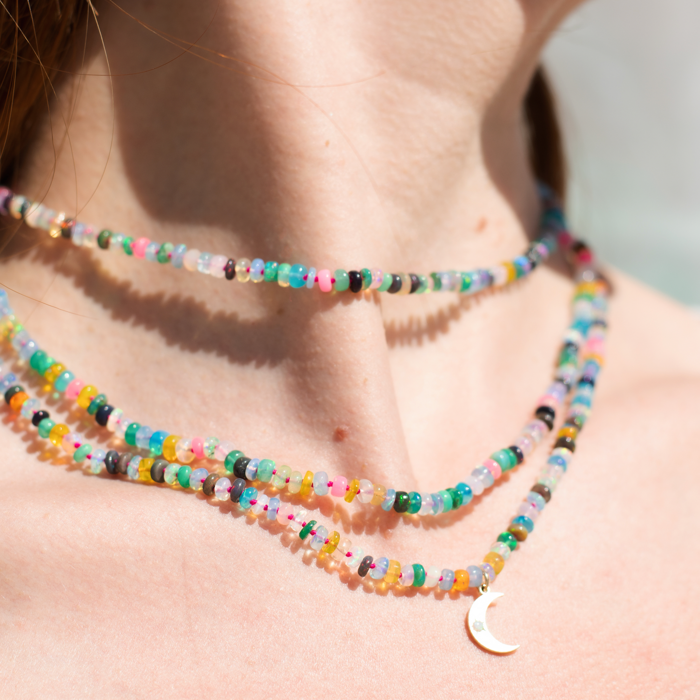 Rainbow Opal Beaded Choker With Raspberry Silk Thread