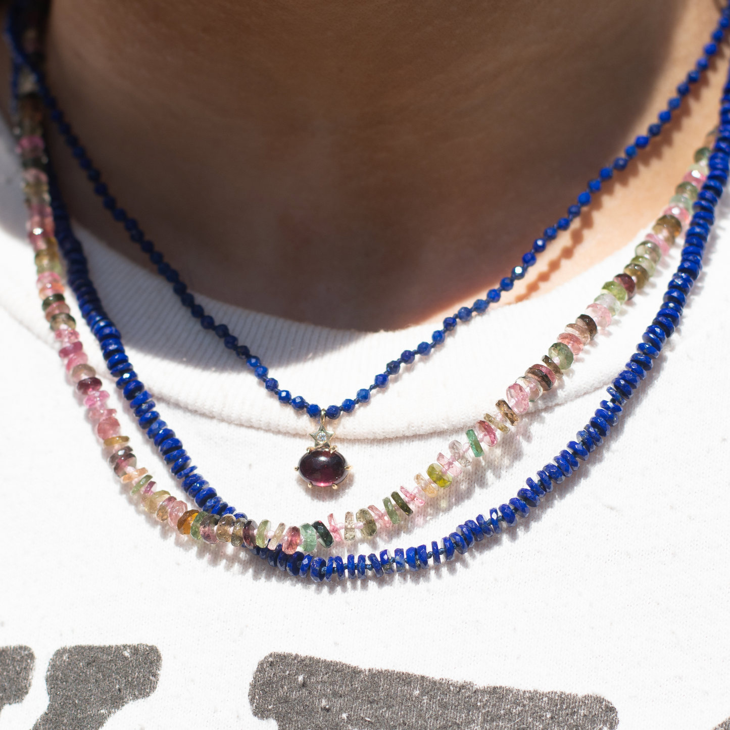 Mini Cosmo Lapis Beaded Necklace with Rhodolite Garnet Charm