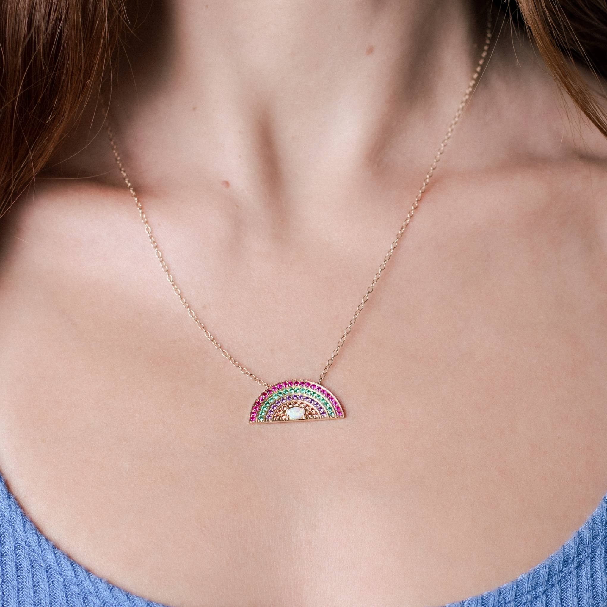 Medium Primary Sapphire Rainbow Necklace MM: Freya pendant with 