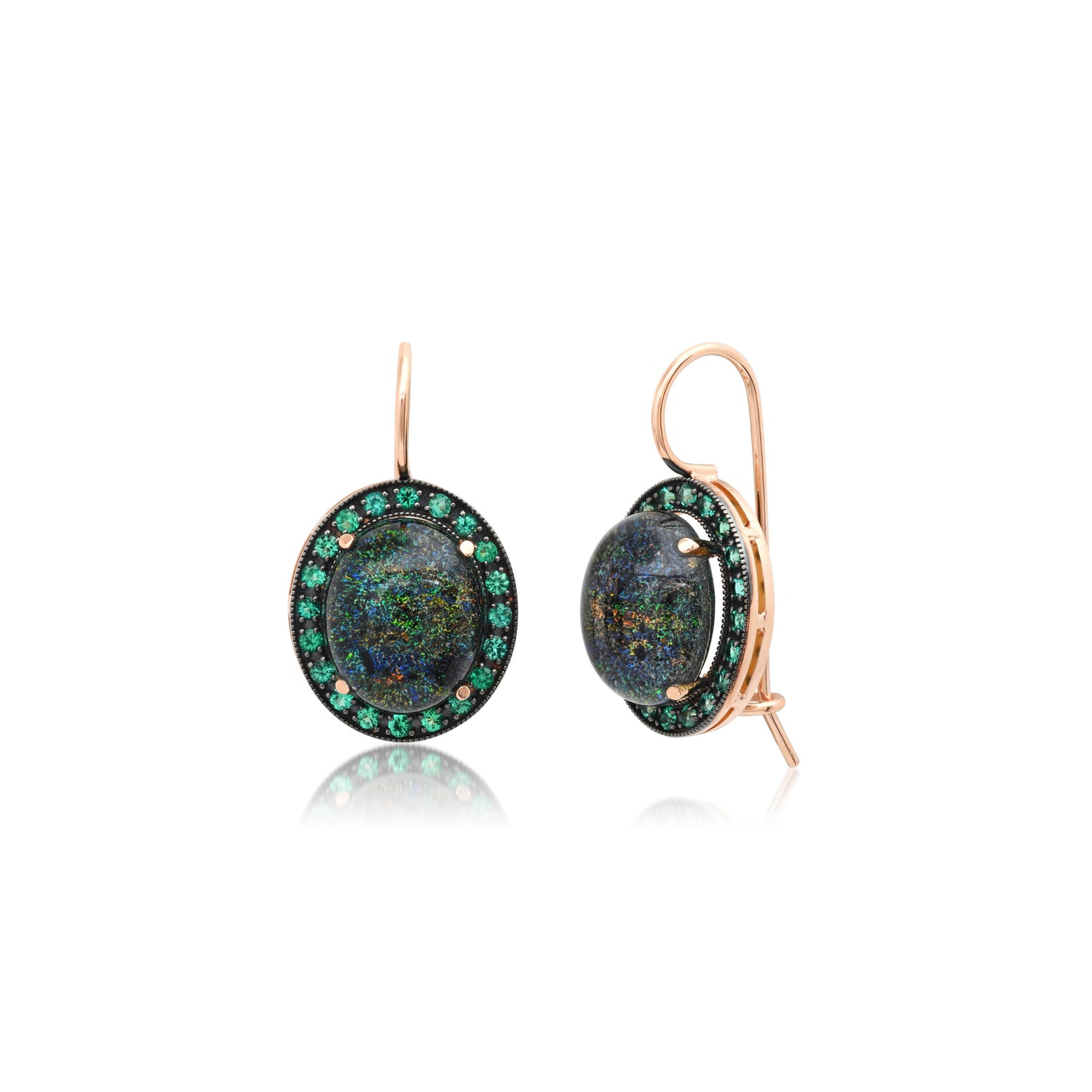 Oval Black Opal and Emerald Trim Earrings