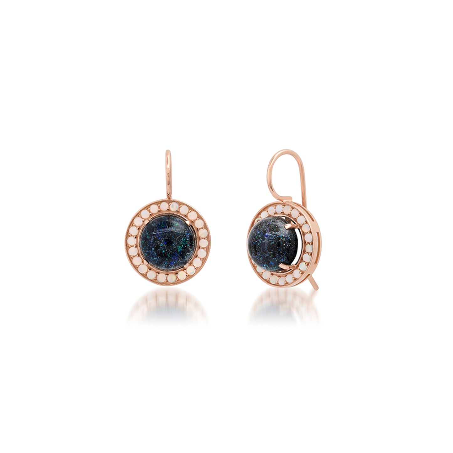 Round Black Opal Earrings with White Opal Trim