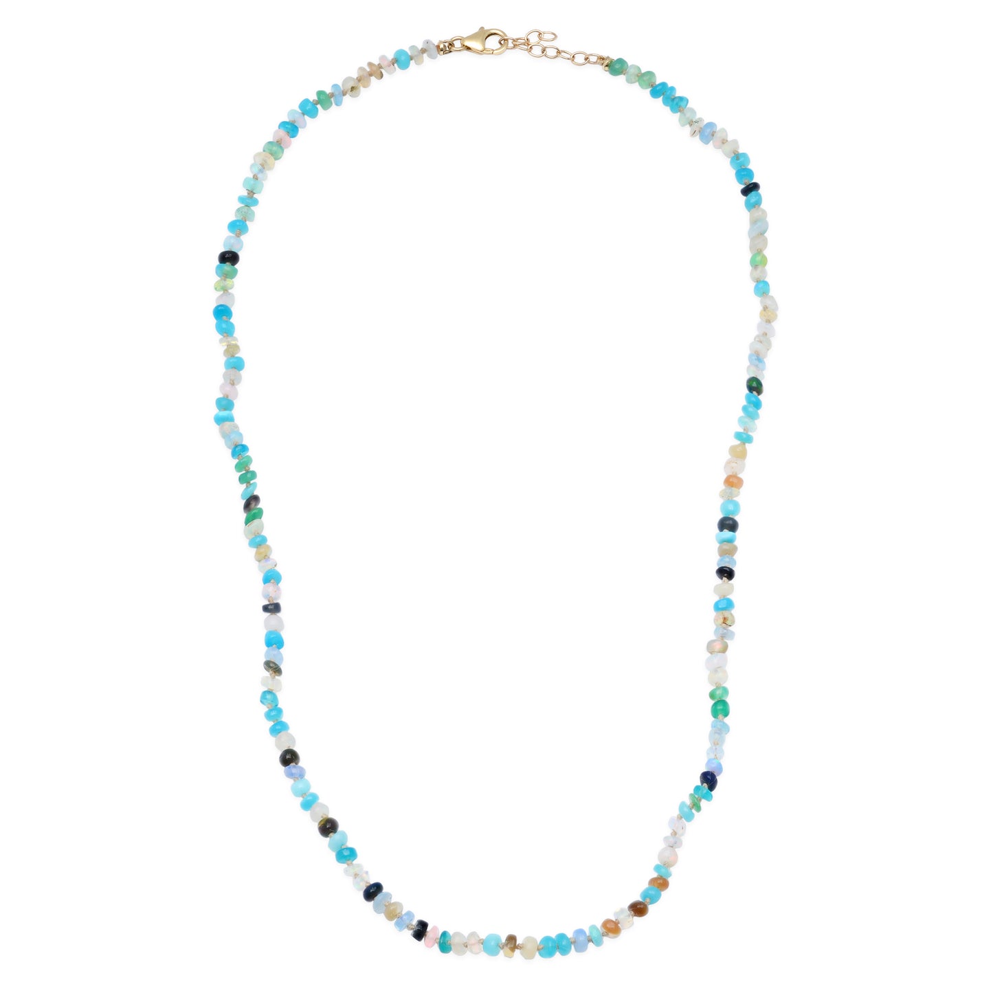 Blue Rainbow Opal Beaded Necklace With Beige Silk Thread