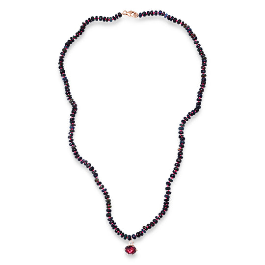 Black Ethiopian Opal Beaded Necklace with Faceted Garnet Rhodolite Charm