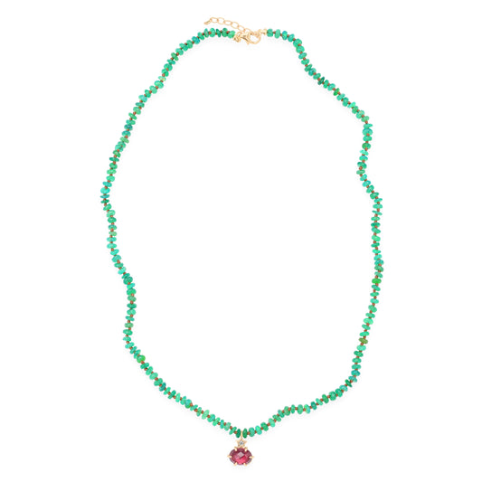 Ethiopian Green Opal Beaded Necklace with Garnet Rhodolite Charm