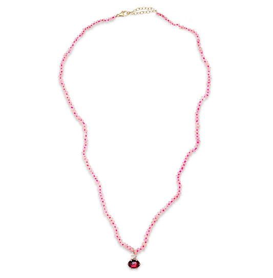 Pink Opal Beaded Necklace with Garnet Rhodolite Charm