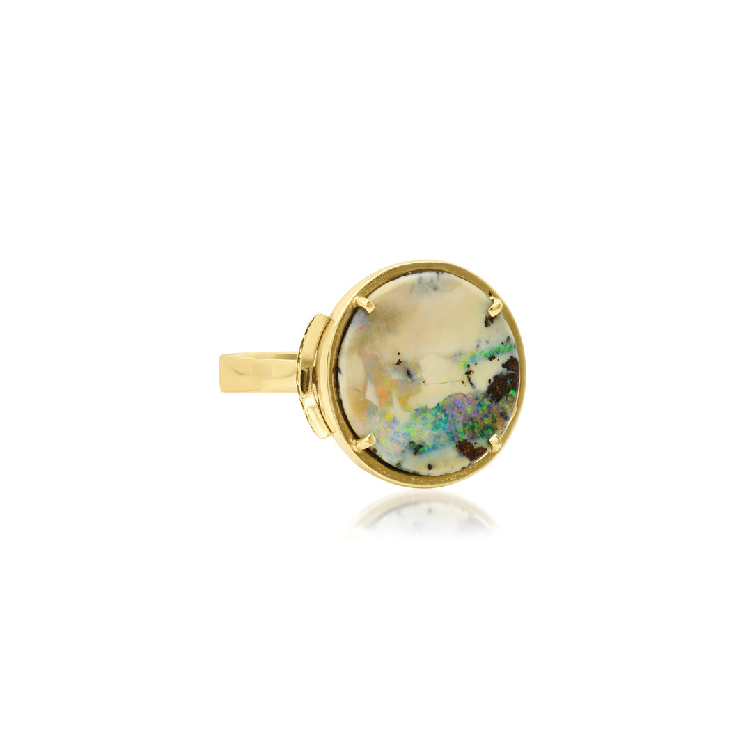 Opal and Diamond Crescent Round Ring