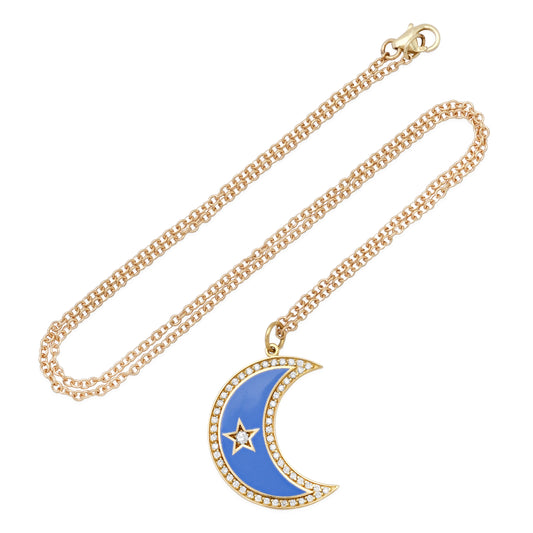 Large Cornflower Blue Enamel Crescent Diamond Moon Phase