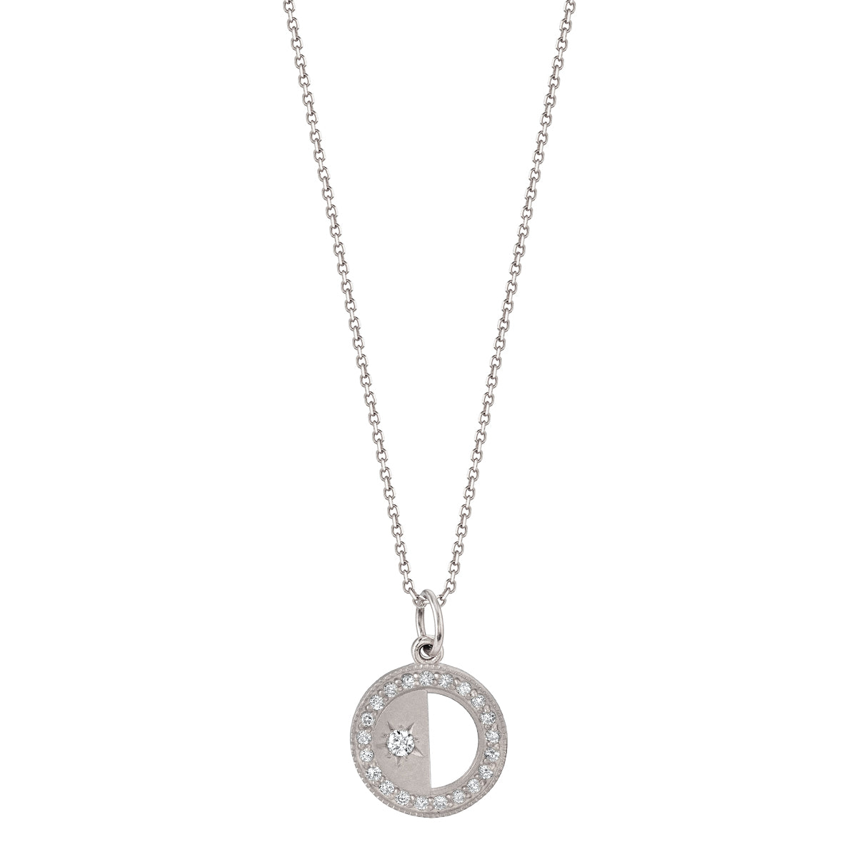 Small First/Last Quarter White Diamond Half Moon Phase Necklace