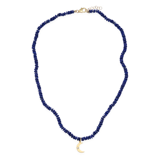 Lapis Tire Beaded Necklace With Crescent Charm