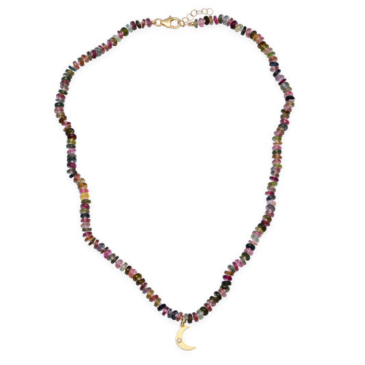 Tourmaline Tire Beaded Necklace with Crescent Charm