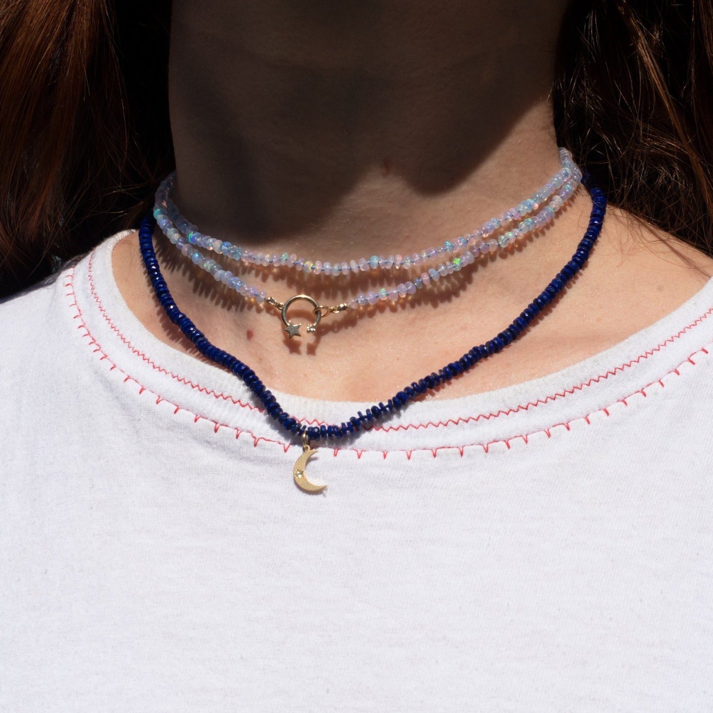 Lapis Tire Beaded Necklace With Crescent Charm