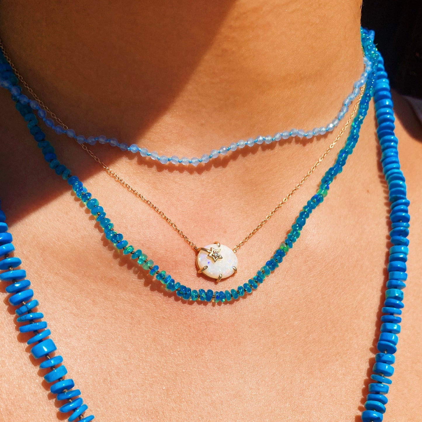 Teal Ethiopian Opal Beaded Necklace with Chocolate Silk Thread