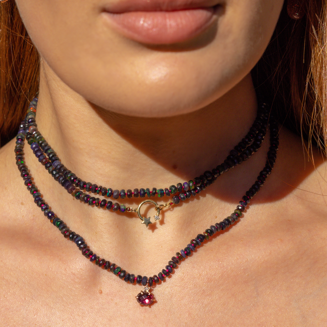 Black Ethiopian Opal Beaded Necklace with Faceted Garnet Rhodolite Charm