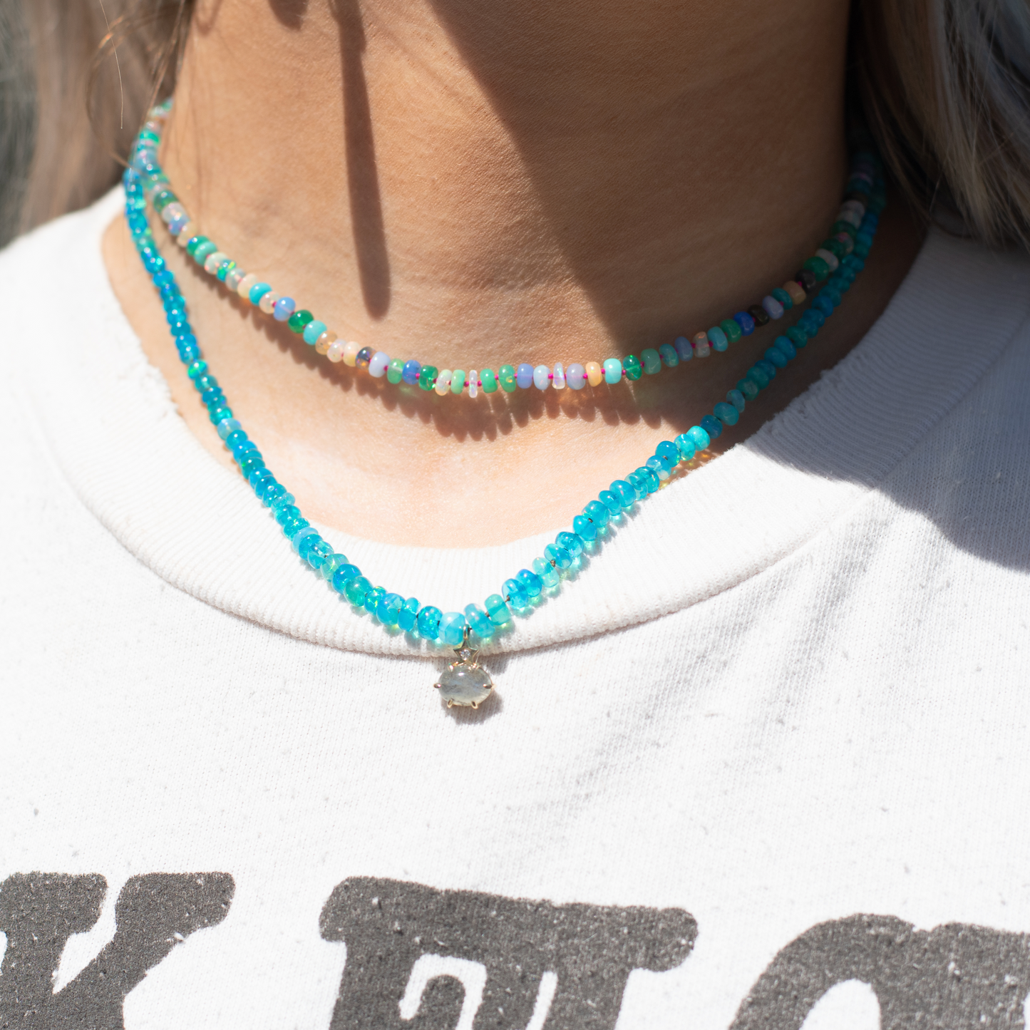 Blue Rainbow Opal Beaded Choker With Raspberry Silk Thread